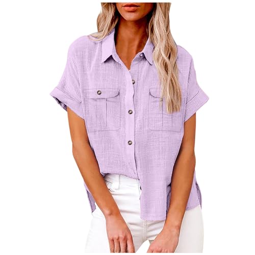 Dyhxuan Musselin Bluse Damen Vintage Einfarbige Shirt V-Ausschnitt T-Shirt mit Knöpfe Baumwolle Leinen Blusen Sommer Kurzarm Tops Einzelschnalle Leinenbluse mit Doppelte Taschen Revers Leinenhemd von Dyhxuan