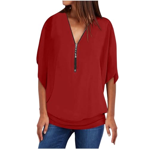 Dyhxuan Overisize Damen Oberteile Reißverschlüsse Bluse mit V-Ausschnitt Modische Einfarbige T Shirt Sommer Chiffon Blusen Kurzarm Tops Festliche Party Chiffonbluse Sommerbluse Blusentops S-5XL von Dyhxuan