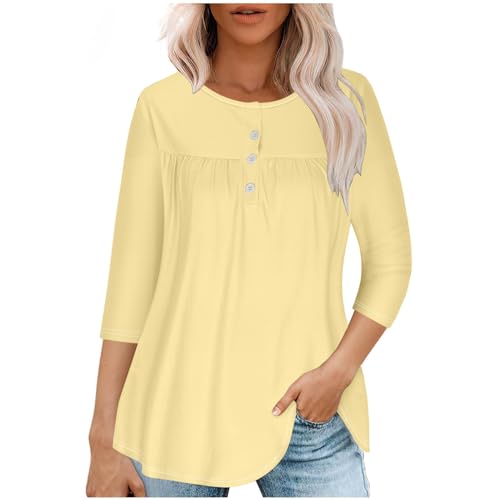 Dyhxuan Oversize Bluse Damen 3/4 Ärmel Oberteile Elegant Einfarbige T-Shirt Locker Pullover Longshirt mit Knöpfe Casual Rundhals Sommerbluse Baumwolle Sommer Tops Hemdbluse Mit Perfekt zu Jeans von Dyhxuan