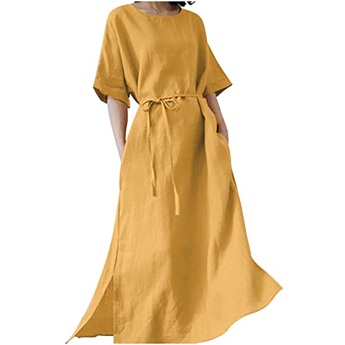 Dyhxuan Oversize Lang Leinen Kleider Damen Baumwolle Leinen Sommerkleid Leinen Einfarbige Maxi Blusenkleid Kurzarm Rundhals A-Linien Kleid Bodenlang Maxikleid mit Schlitz Freizeitkleid mit Schnürung von Dyhxuan