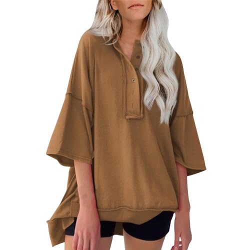 Dyhxuan Oversize Sweatshirt Damen 3/4 Ärmel Lang Bluse V-Ausschnitt Longshirt mit Knöpfe Lässig Einfarbige Pullover Sommer Rundhals Longtops Unregelmäßig Oberteile Locker Gemütlich Longbluse von Dyhxuan