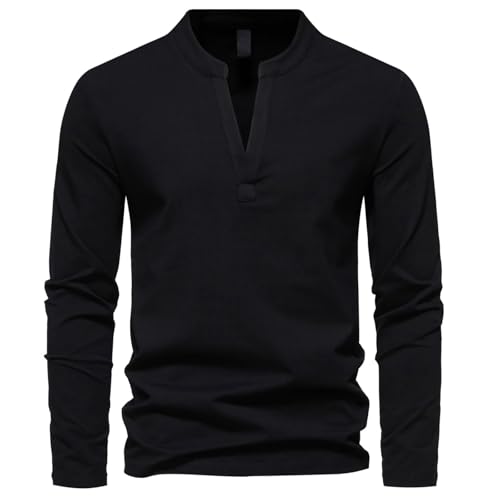 Dyhxuan Pullover Herren Baumwolle V-Ausschnitt Langarmshirt Lässig Einfarbige Oberteile Langarm T-Shirt für Männer Autumn Winter Langarmshirts Übergangs Longsleeve Tops Streetwear M-XL von Dyhxuan