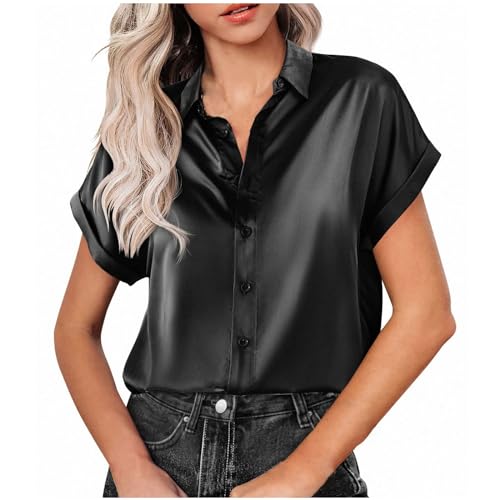 Dyhxuan Satin Bluse Damen Elegant Einfarbige Shirt Kurzarm Umlegekragen Oberteile Tshirt mit Button Down Sommer Tops Locker All-Match Hemdbluse Festliche Party Pullover Sommerbluse Damenblusen von Dyhxuan