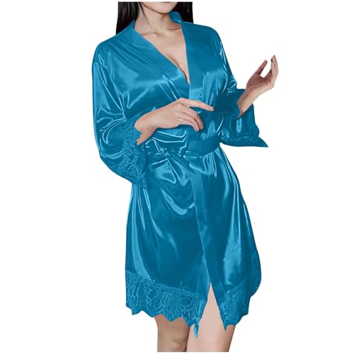 Dyhxuan Satin Nachthemd Damen Sexy Spitze Patchwork Bademantel V-Ausschnitt Einfarbige Nachtkleid Einfarbige Eisseide Erotisch Pyjamas Langarm Locker Bequeme Nachtwäsche Negligee Schlafanzüge von Dyhxuan