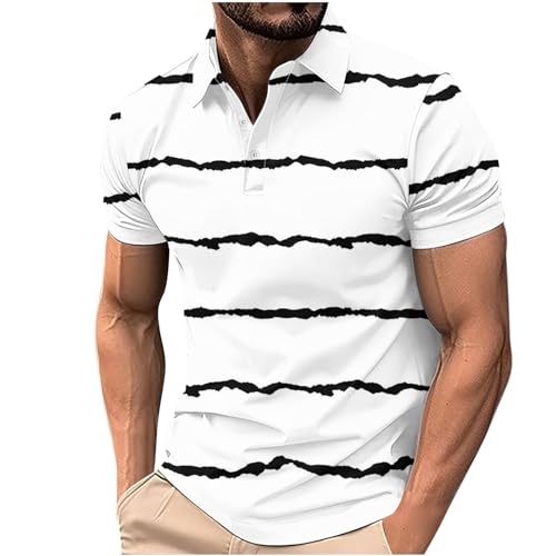 Dyhxuan Shirt Herren Lässig Gestreift Hemd V-Ausschnitt Muskelshirt mit Knöpfe Regulär Fit Businesshemd Kurzarm Revers T-Shirt Sommer Daily Shirts Freizeithemd für Männer Oberteile XS-4XL von Dyhxuan