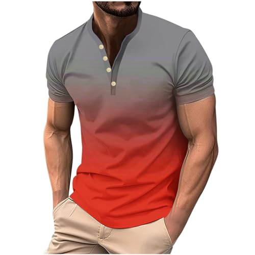 Dyhxuan Shirts Herren Sommer V-Ausschnitt Henley Shirt mit Knöpfe Trendige Farbverlaufsdruck Hemd Kurzarm Oberteile Baumwolle T-Shirt Tops Große Größen Rundhals Pullover Sportshirt Laufshirt S-5XL von Dyhxuan