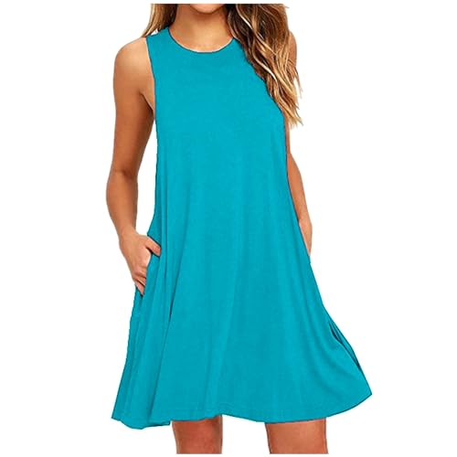 Dyhxuan Sommerkleid Damen Lang Ärmellos Tunika Kleid Lässig Einfarbige Strandkleid Sommer Rundhals Midikleid Knielang A-Linie Kleider Freizeitkleid mit Tasche Bequeme Skaterkleid Tankkleid von Dyhxuan