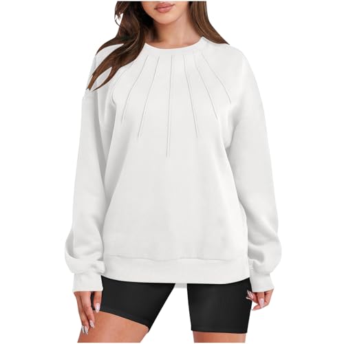 Dyhxuan Sweatshirt Damen Plissiertes Einfarbige Pullover Elegant Locker Langarmshirt Autumn Winter Sweatshirts Langarm Rundhals Pulli Oberteile Übergangs Winterpullover All-Match Sweater Tops von Dyhxuan