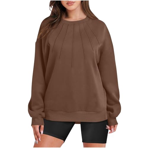 Dyhxuan Sweatshirt Damen Plissiertes Einfarbige Pullover Elegant Locker Langarmshirt Autumn Winter Sweatshirts Langarm Rundhals Pulli Oberteile Übergangs Winterpullover All-Match Sweater Tops von Dyhxuan