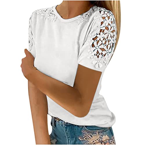 Dyhxuan T-Shirt Damen Elegant Spitzenärmel Tops Sommer Einfarbige Oberteile Spitzennähte Bluse Tunika Kurzarm Tshirt mit Rundhals Spitze Stitching Blouse Aushöhlen Pullover Shirt Blusentops S-5XL von Dyhxuan