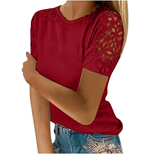 Dyhxuan T-Shirt Damen Elegant Spitzenärmel Tops Sommer Einfarbige Oberteile Spitzennähte Bluse Tunika Kurzarm Tshirt mit Rundhals Spitze Stitching Blouse Aushöhlen Pullover Shirt Blusentops S-5XL von Dyhxuan