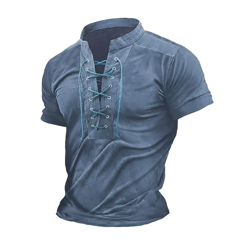 Dyhxuan T Shirt Herren Vintage Henley Shirt mit Schnürung Einfarbige/Farbblock Druck Hemd Gotik V-Ausschnitt Pullover Sommer Kurzarm Tops Regulär Fit Muskelshirt Patchwork Shirt für Männer von Dyhxuan