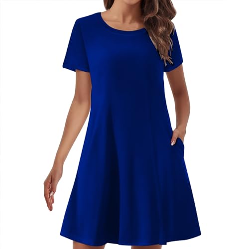 Dyhxuan T-Shirt Kleider Damen Elegant Einfarbige Blusenkleid Kurzarm Rundhals Sommerkleid Baumwolle Tunikakleid für Frauen A-Linie Kleid mit Taschen Locker Bequeme Freizeitkleid Urlaubskleid von Dyhxuan