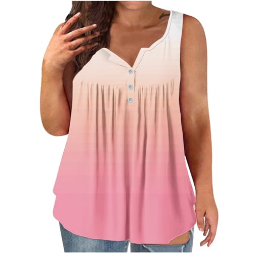 Dyhxuan Tank Tops Damen Baumwolle Oversize Unterhemd Ärmellos Bluse mit Knöpfe Lässig Farbverlaufsdruck Tanktops V-Ausschnitt Einfarbige T Shirt Falten Sommer Oberteile Basic T-Shirt L-4XL von Dyhxuan