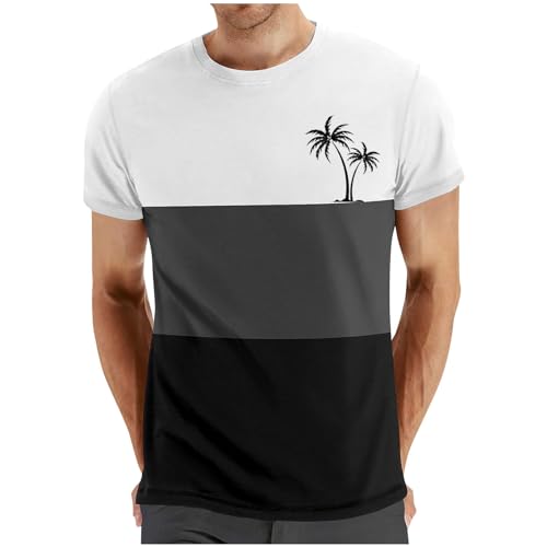 Dyhxuan Tops Herren Lässig Farbblocknähte Tshirt Sommer Kurzarm Oberteile Shirt mit O-Ausschnitt Palme Muster T-Shirt Locker Bequeme Tunika Sommerlich Casual Pullover Sportshirt Laufshirt von Dyhxuan