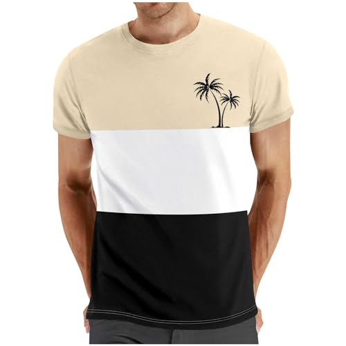 Dyhxuan Tops Herren Lässig Farbblocknähte Tshirt Sommer Kurzarm Oberteile Shirt mit O-Ausschnitt Palme Muster T-Shirt Locker Bequeme Tunika Sommerlich Casual Pullover Sportshirt Laufshirt von Dyhxuan