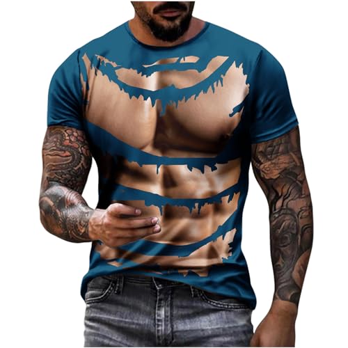 Dyhxuan Tops Herren Modische 3D Muskeldruck T Shirt Sommer Kurzarm Oberteile Sommerlich Tshirt mit Rundhals Baumwolle Basic T-Shirt Große Größen Shirt Pullover Männer Sportshirt Laufshirt S-5XL von Dyhxuan