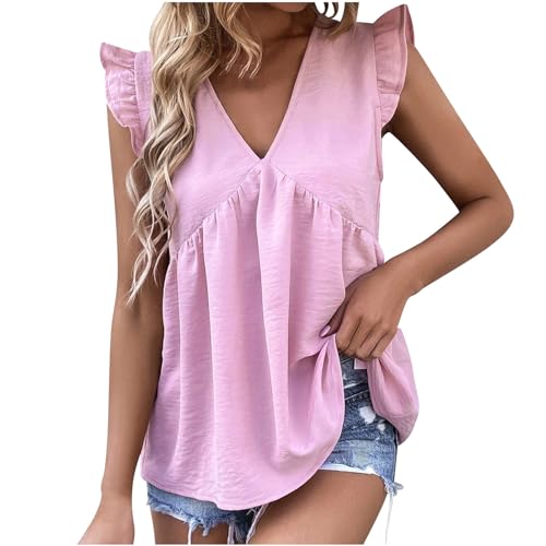 Dyhxuan Tops für Damen Sexy Urlaub Bluse V-Ausschnitt Oberteile mit Rüschenärmel Sommer Einfarbige T-Shirt Patchwork Strandbluse Locker Bequeme Tunika Casual Blusentops Kleidung Damenblusen von Dyhxuan