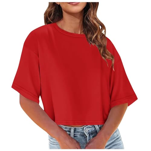 Dyhxuan Tshirt Damen Festliche Party Crop Tops Sommer Kurz T-Shirt Lässig Einfarbige Bauchfreie Oberteile Locker Bequeme Pullover Casual Rundhals Top Teenager Mädchen Blusentops Sommerbluse von Dyhxuan