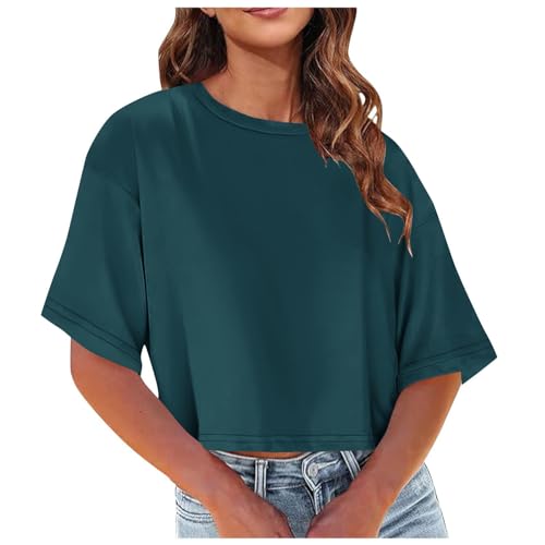 Dyhxuan Tshirt Damen Festliche Party Crop Tops Sommer Kurz T-Shirt Lässig Einfarbige Bauchfreie Oberteile Locker Bequeme Pullover Casual Rundhals Top Teenager Mädchen Blusentops Sommerbluse von Dyhxuan