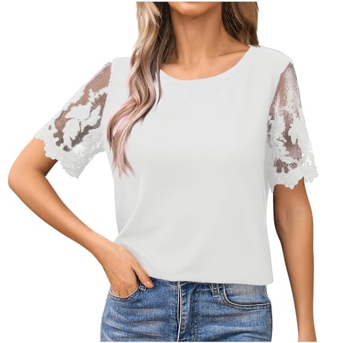 Dyhxuan Tshirt Damen Modische Mesh Party Oberteile Einfarbige T-Shirt Sommer Kurzarm Tops Locker Rundhals Bluse Patchwork Festliche Pullover Sommerlich Tee Shirt Geschenk Für Frauen von Dyhxuan