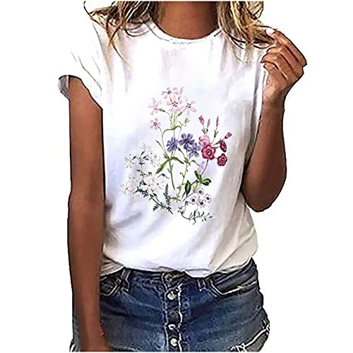 Dyhxuan Tshirt Damen Sommer Tops Einfaches Blumendruck T-Shirt Sommerlich Kurzarm Oberteile mit O-Ausschnitt Herbst Winter Basic Shirt Pullover Lockere Bequeme Tunika Bluse Shirt Sportshirt Laufshirt von Dyhxuan