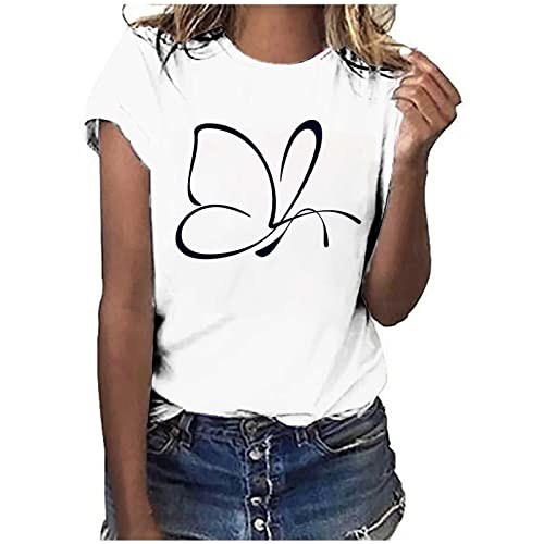 Dyhxuan Tshirt Damen Sommer Tops Einfaches Blumendruck T-Shirt Sommerlich Kurzarm Oberteile mit O-Ausschnitt Herbst Winter Basic Shirt Pullover Lockere Bequeme Tunika Bluse Shirt Sportshirt Laufshirt von Dyhxuan