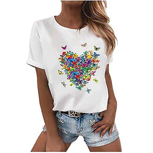 Dyhxuan Tshirt Damen Sommer Tops Einfaches Blumendruck T-Shirt Sommerlich Kurzarm Oberteile mit O-Ausschnitt Herbst Winter Basic Shirt Pullover Lockere Bequeme Tunika Bluse Shirt Sportshirt Laufshirt von Dyhxuan