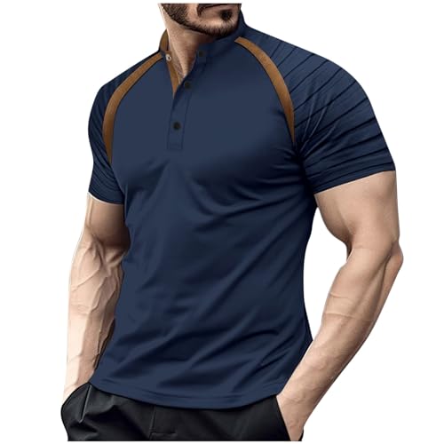 Dyhxuan Tshirt Herren Modische Farbblock Falten Hemd Stehkragen Oberteile mit Knöpfe Sommer Kurzarm Tops V-Ausschnitt Muskelshirt Große Größen Shirt Sportshirt Freizeithemd Laufshirt S-3XL von Dyhxuan