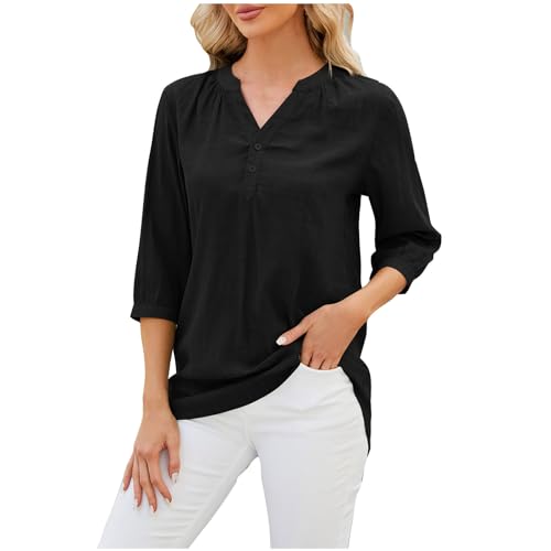 Dyhxuan Tunika Damen V-Ausschnitt Knöpfe Bluse 3/4 Ärmel Tshirt Oberteile Sommer Tops Dreiviertel-Ärmel T-Shirt Pullover Locker Outdoor Sommerblus Frühling Sport Shirt für Frauen Strandbluse von Dyhxuan