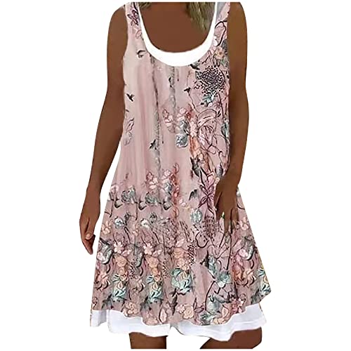 Sommerkleid Damen Gefälschtes Zweiteiliges Patchwork Freizeitkleid Ärmelloses U-Ausschnitt Tankkleid A-Linien Kleid aus Jeansimitat Knielanges Midikleid Plus Size Panzerkleid Urlaub Strandkleid von Dyhxuan