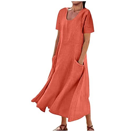 Sommerkleid Damen Lang Leinen Kleider Baumwolle Leinen Sommerkleider Leinen Einfarbige Blusenkleid Baumwolle Leinen A-Linien Kleid Kurzarm Rundhals Leinen Strandkleid Maxikleid mit Taschen von Dyhxuan