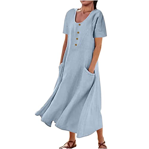 Sommerkleid Damen Lang Leinen Kleider Baumwolle Leinen Sommerkleider Leinen Einfarbige Blusenkleid Baumwolle Leinen A-Linien Kleid Kurzarm Rundhals Leinen Strandkleid Maxikleid mit Taschen von Dyhxuan