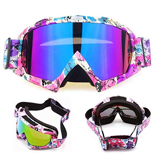 E-Soul Motorrad Goggle Motocross Wind Staubschutz Fliegerbrille Snowboardbrille Schneebrille Skibrille Wintersport Brille Für Damen Und Herren Jungen Und Mädchen (White-Blue-Purple Multicolor) von E-Soul