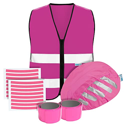 EAZY CASE - Fahrrad Zubehör 4 in 1 Set mit Reflektoren Fahrrad, Warnweste Kinder, Fahrradhelm Regenschutz und Schnapparmband, Einschul Geschenke, Schulanfang Geschenke für Mädchen, Helmüberzug - Pink von EAZY CASE