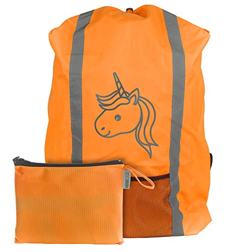 EAZY CASE Rucksack Schulranzen Regenschutz, Schutzhülle mit Reflektorstreifen, Regenüberzug, Regenschutzhülle wasserabweisend mit Reflektor und Tasche, Sicherheit im Straßenverkehr, Einhorn Orange von EAZY CASE