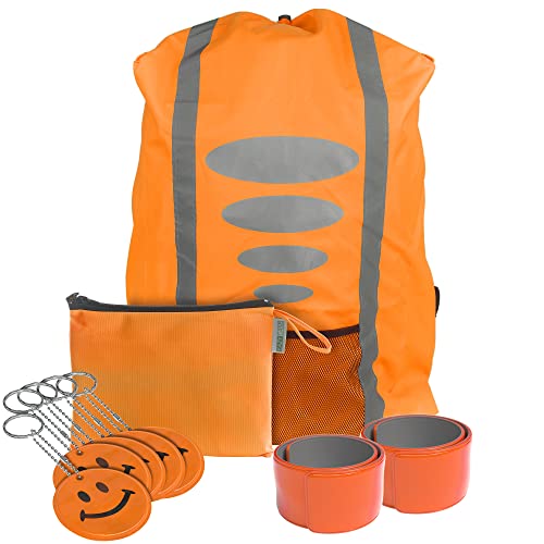 EAZY CASE - Schulstarter Set 3 in 1 mit Regenschutz Schulranzen, Reflektorband und Reflektoren Anhänger, Regenschutz Schultaschen, Mibringsel zur Einschulung, Regenschutzhülle für Schulranzen - Orange von EAZY CASE