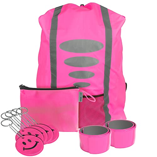 EAZY CASE - Set Schulanfang 3 in 1 mit Rucksack-Regenschutzhülle, Leuchtstreifen für Kleidung, Reflektoren für Rucksack als Anhänger, Schulranzen Regenverdeck, Reflektoren Rucksack, Schulset in Pink von EAZY CASE