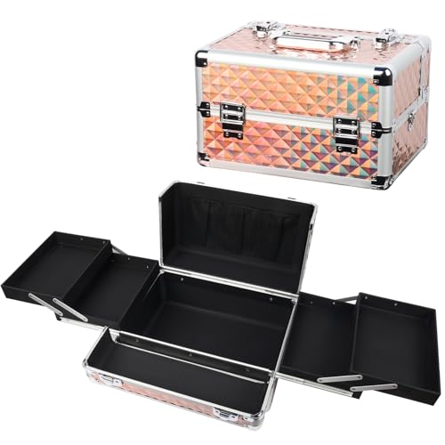 EBANKU Bilden Zug Fall, Professioneller Kosmetik-Organizer, Aluminium-Aufbewahrungsbox mit 4 Tackle-Tabletts, abschließbar, tragbar (Roségold) von EBANKU