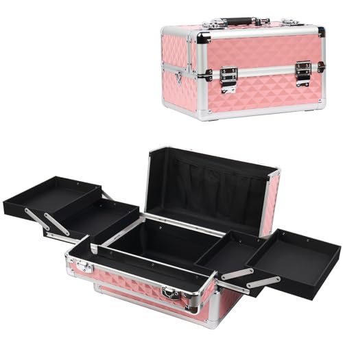 EBANKU Make-up-Zug-Koffer, tragbare Kosmetikbox, Make-up-Koffer-Organizer, Aluminium-Aufbewahrungsbox mit 4 Tackle-Tabletts, abschließbar, Makeup Tools tragbar von EBANKU