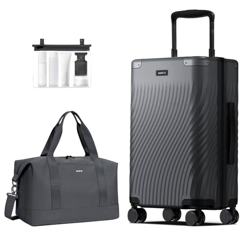 ECOHUB Leicht Handgepäck Koffer Trolley, 20'' Recyceln PC Hartschalenkoffer, 55x40x23cm Erweiterbar Reisekoffer mit 4 Rollen & TSA Schloss, 2 Teilig Rollkoffer mit 30L Handgepäck Tashe, Luggage（Grau） von ECOHUB