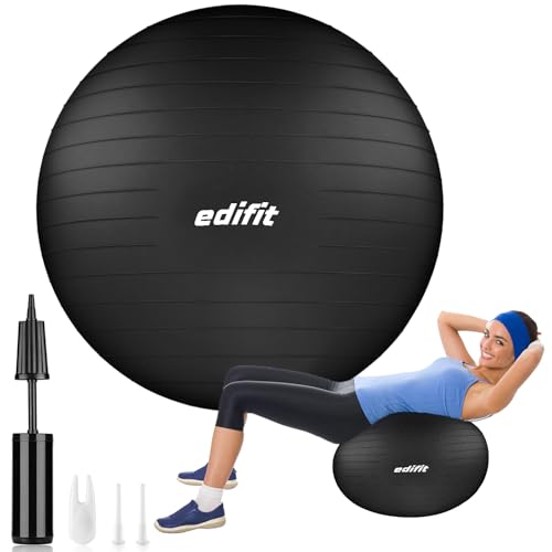 EDIFIT, Gymnastikball, 55, 65 und 75, Pezziball, Einschließlich Inflator, Pilates Ball, Sitzball, Pilates, Yoga Ball, Gymnastik (75 cm, Schwarz) von EDIFIT