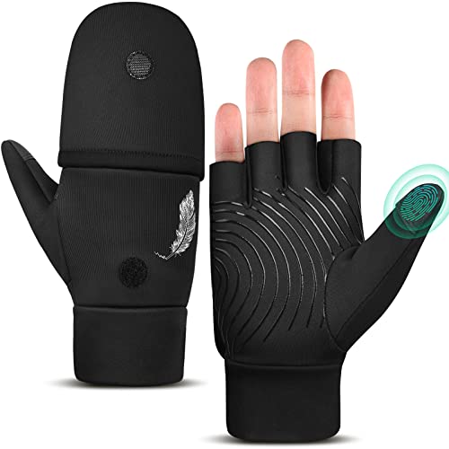 EEFOW Halbfinger Flip Damen Thermo Fahrradhandschuh - Sport Outdoor Winddicht handschuh mit Touch Screen Winterhandschuh Warm Running Handschuh für Fahrrad Ski Arbeits Fußball Motorrad Schwarz M von EEFOW