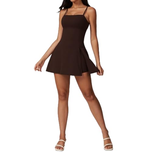 2-in-1-Sportkleid mit geteiltem Saum, rückenfreies Tenniskleid für Damen, seitlicher Schlitz, Golf-Sportkleid mit integriertem BH und Shorts (X-Large,Brown) von EEJBYTDI