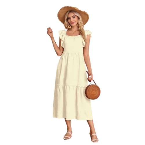 Ärmelloses, fließendes, langes Boho-Maxikleid mit quadratischem Ausschnitt und Rüschen für den Sommer in A-Linie für den Strand (Small,Apricot) von EEJBYTDI