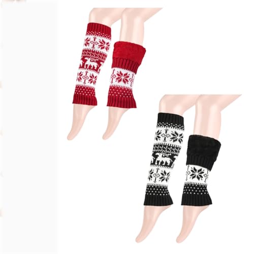 Beinwärmer mit Fleecefutter, Weihnachtsstulpen mit hohen Beinen, Weihnachts-Winter-Beinwärmer für Damen, gestrickte Stapelsocken (2 Pairs B) von EEJBYTDI