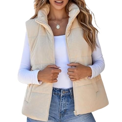 Cord-Pufferweste für Damen, ärmellos, warm, leicht, mit Stehkragen, Cordmantel (Medium,Beige) von EEJBYTDI