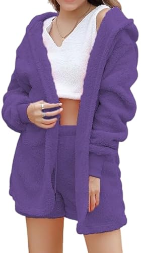 EEJBYTDI Shebella Pyjama-Set 3-teilig, Flauschiges Fleece-Pyjama-Set für Damen, warmes Winter-Pyjama-Set für Damen (Dark Purple,3X_l) von EEJBYTDI