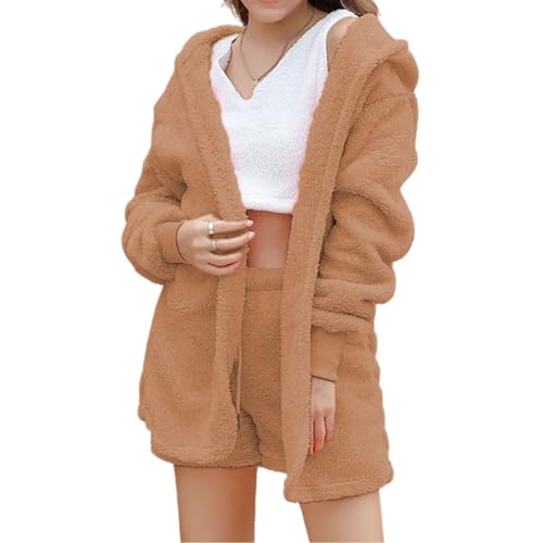 EEJBYTDI Shebella Pyjama-Set 3-teilig, Flauschiges Fleece-Pyjama-Set für Damen, warmes Winter-Pyjama-Set für Damen (Khaki,x_l) von EEJBYTDI