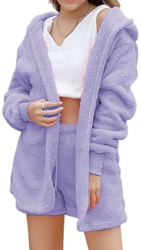 EEJBYTDI Shebella Pyjama-Set 3-teilig, Flauschiges Fleece-Pyjama-Set für Damen, warmes Winter-Pyjama-Set für Damen (Light Purple,xx_l) von EEJBYTDI